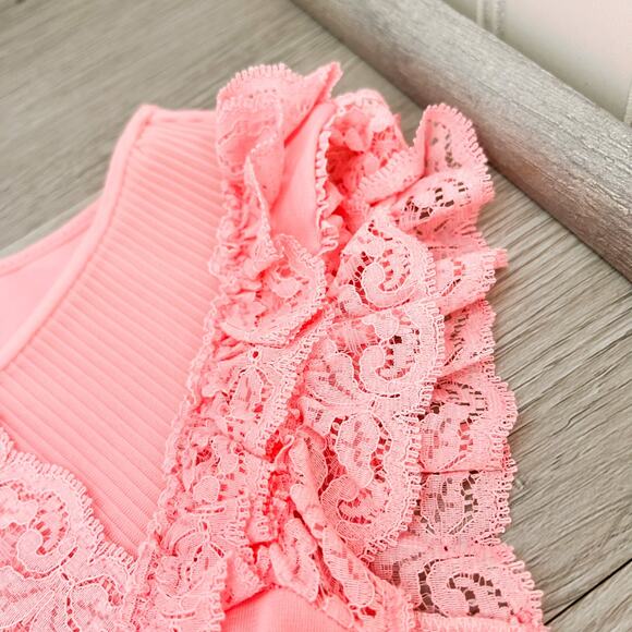 Vintage Shadowline Nylon Nightgown M Medium Pink Short Sleeve Silky Lace Sweep - Picture 10 of 12